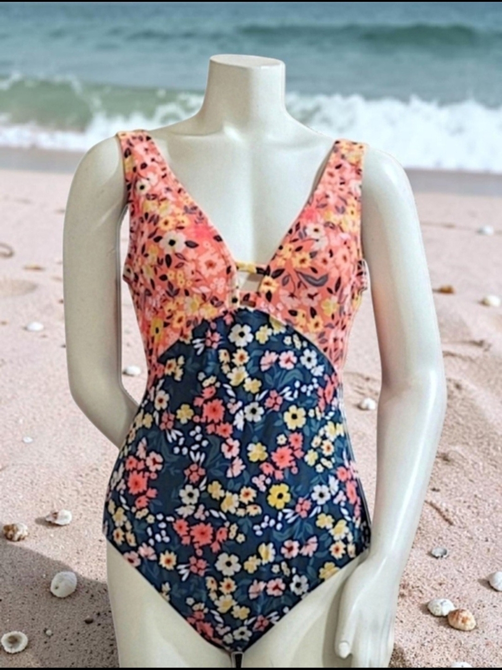 Palisades Beach Club Floral Colorblock V-Neck One-Piece Swimsuit - Coral & Teal